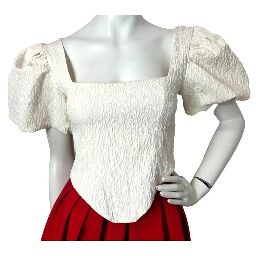 Zara Textured Puff Sleeve Crop Top NWT M Cream Square Neck Corset Blouse Barmaid